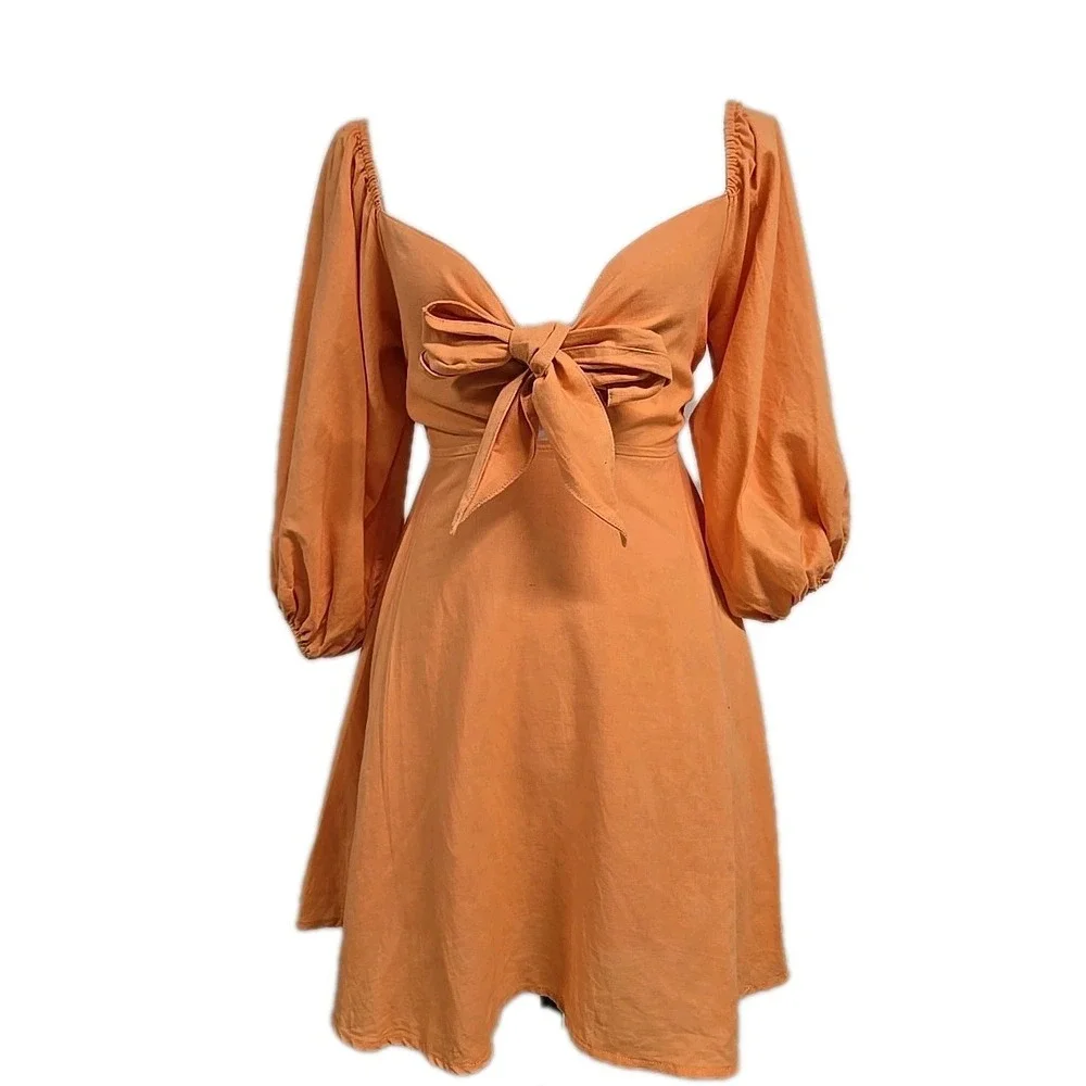 Charlie Holiday Anthropologie Sonny Knot Front Dress Linen Blend  Orange Size‎ 2
